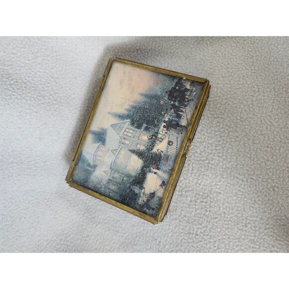 Vintage Enesco Thomas Kinkade Etched Glass Brass Jewelry Trinket Box Cottage - Picture 3 of 16